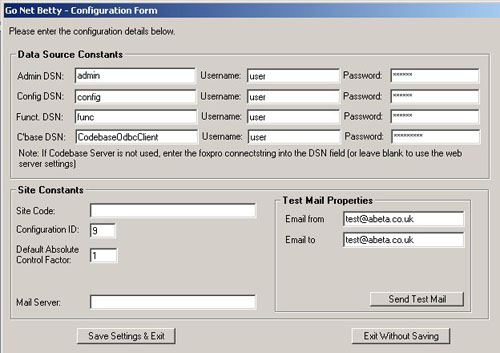 GoNetBetty configuration form